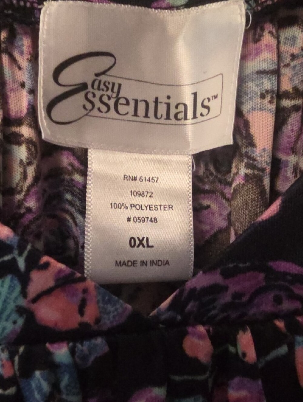 NWOT Essentials Black Floral Tunic with Pink and Purple Roses - Picture 2 of 3